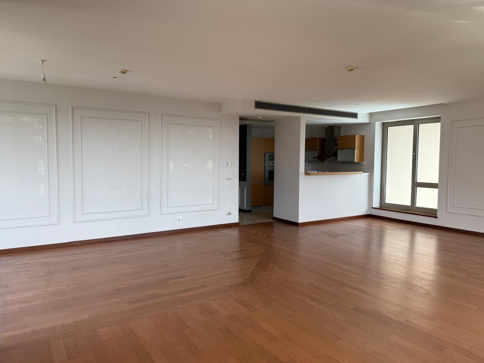 Teslim edilmiş, açık mutfaklı ve panelli duvarlı salon